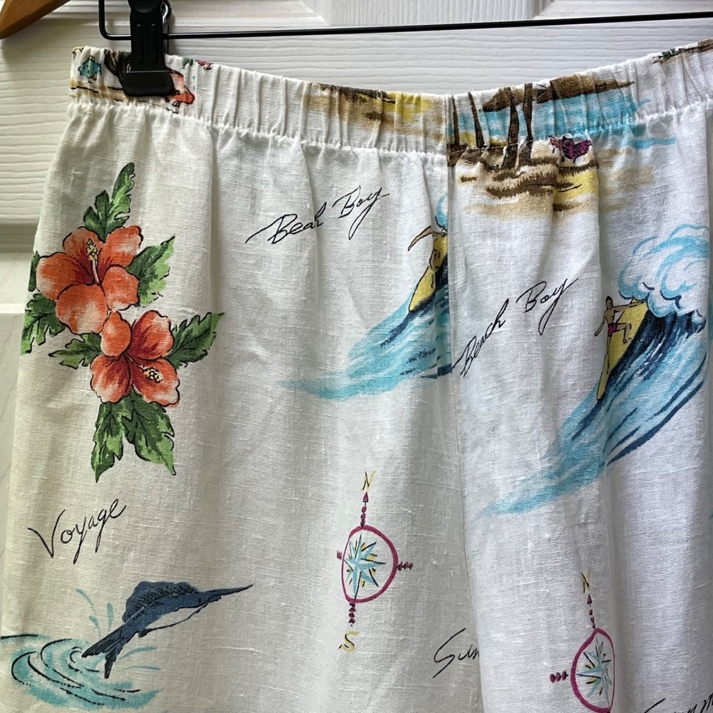 Vintage Hot Cotton Marc Ware Womens S Beach‎ Island Surf Print White Linen Pant